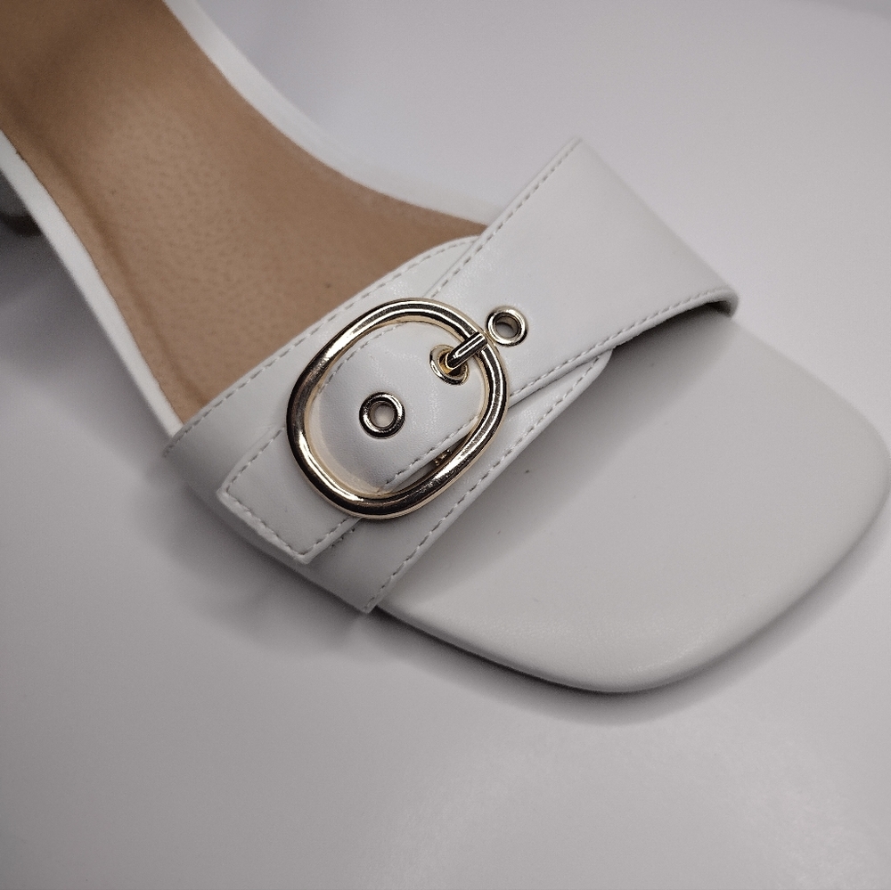 MADDEN NYC White Cream Open Toe Buckle Ankle Strap Heel Sandal Shoes - Picture 5 of 6